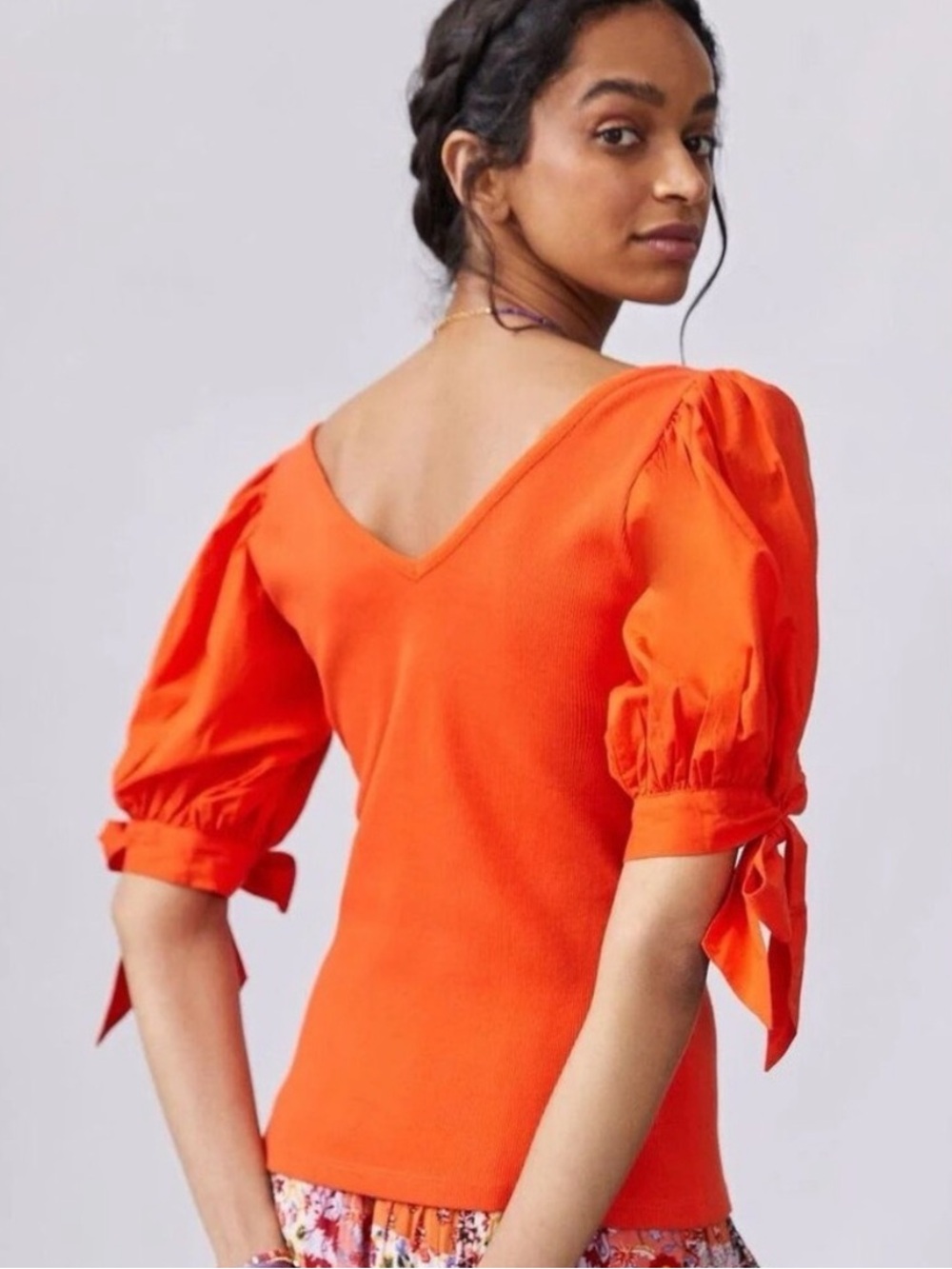 Anthropologie Bright Orange Puff-Sleeve Tie-Sleeve Top